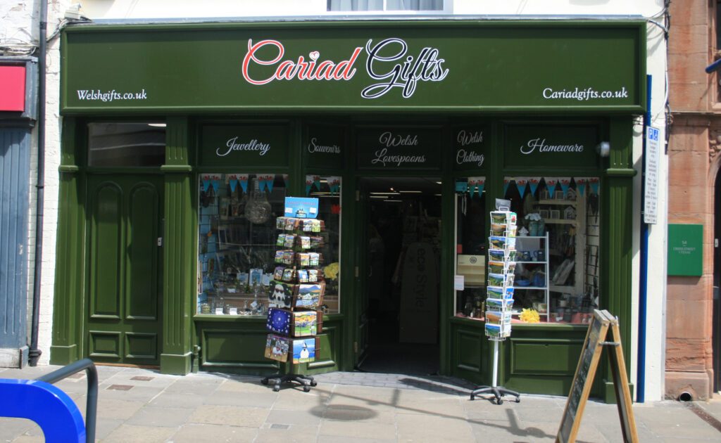 The front of the Cariad Gifts shop in Abergavenny, Wales.